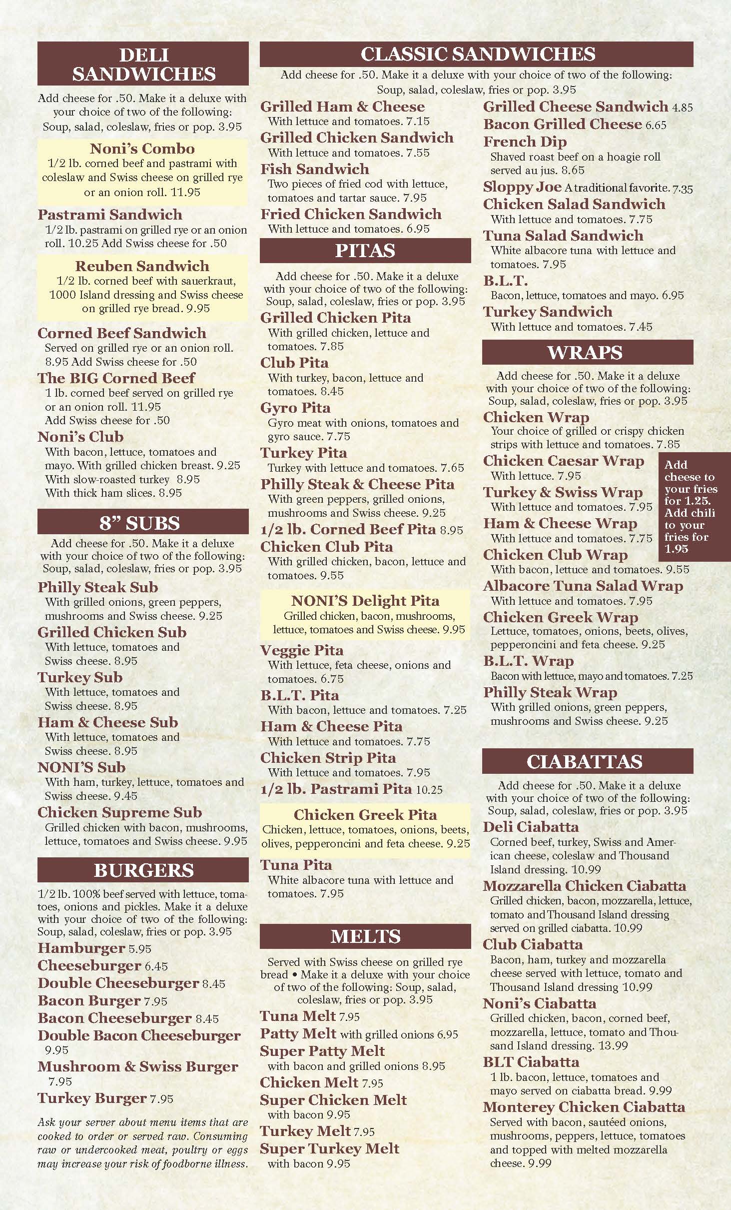 Sandwich menu